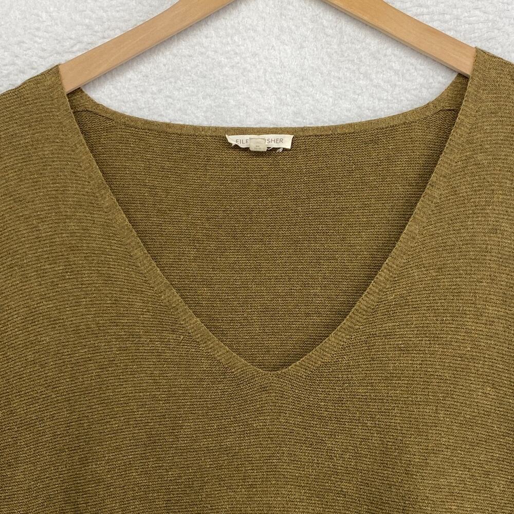 EILEEN FISHER Sweater S Organic Cotton Tunic V-Neck 3/4 Sleeve Oversized Green - Picture 3 of 10